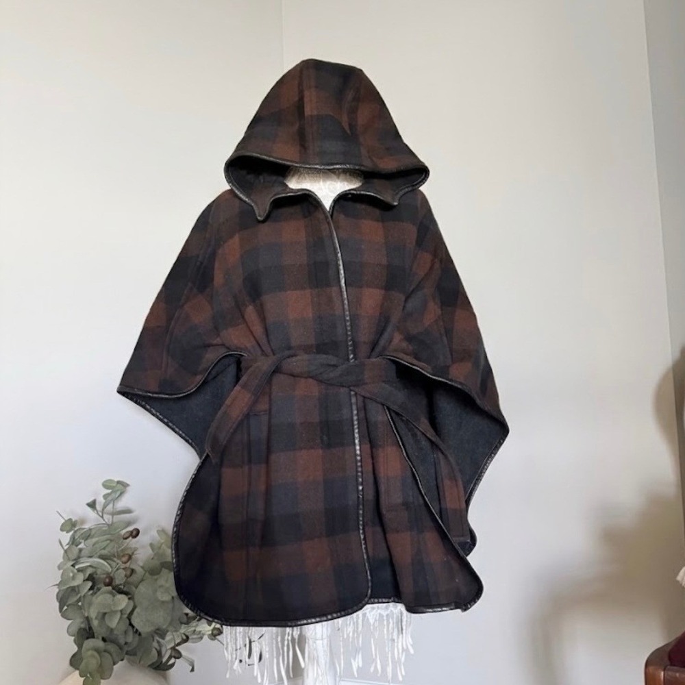 Coach Plaid Hooded Belted Cape Poncho